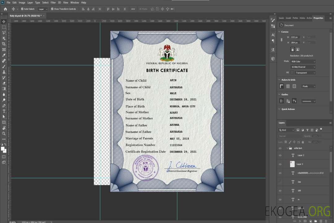 Modèle PSD de certificat de naissance de l'état civil du Nigeria template Modèle PSD de certificat de naissance de l'état civil du Nigeria template